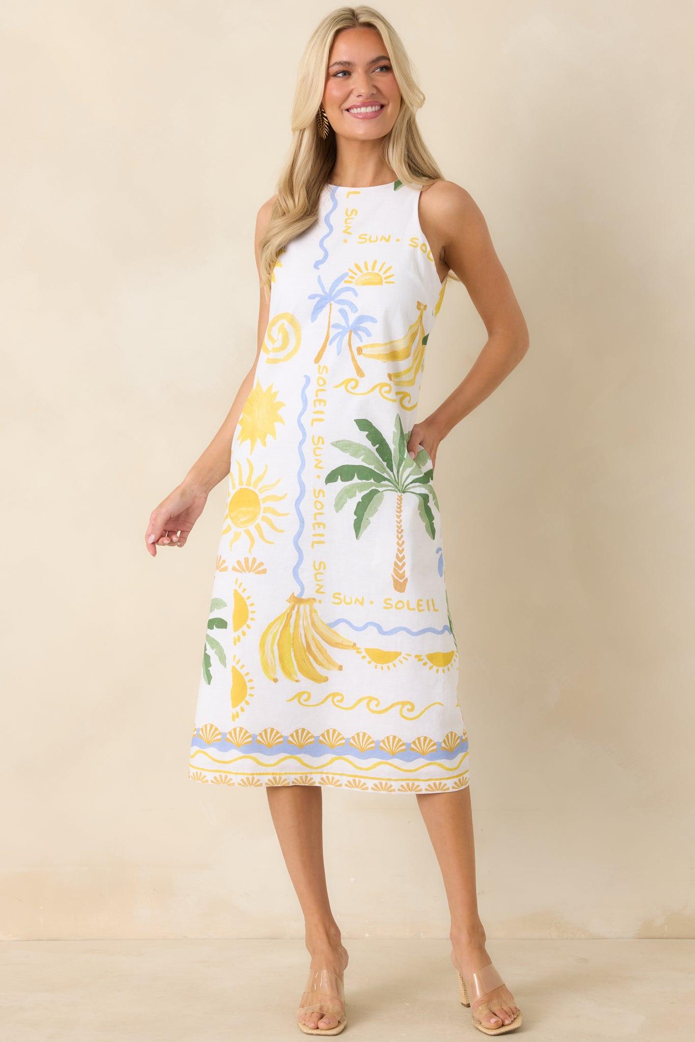 Paradisa Breakers White Multi Linen Blend Tropical Print Midi Dress Product Image