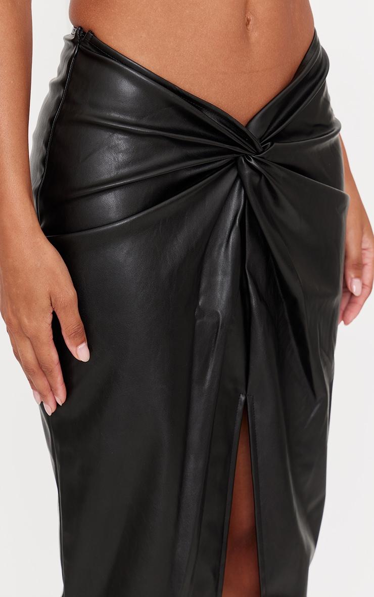 Black Faux Leather Twist Detail Front Midi Skirt Product Image
