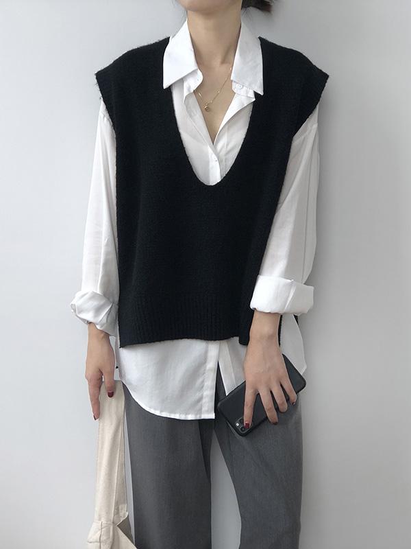 Knitting Irregularity Solid V-Neck Vest Product Image