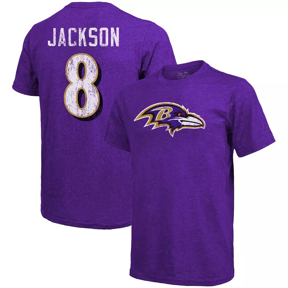 Men's Majestic Threads Lamar Jackson Purple Baltimore Ravens Tri-Blend Name & Number T-Shirt, Size: XL Product Image