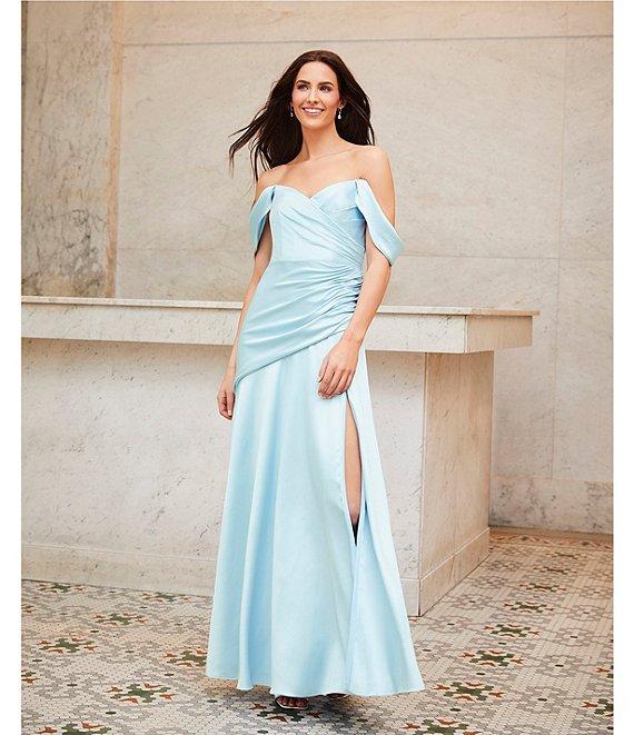 Mac Duggal Off-The-Shoulder Ruched Bodice Satin Charmeuse Drop Waist Gown Product Image