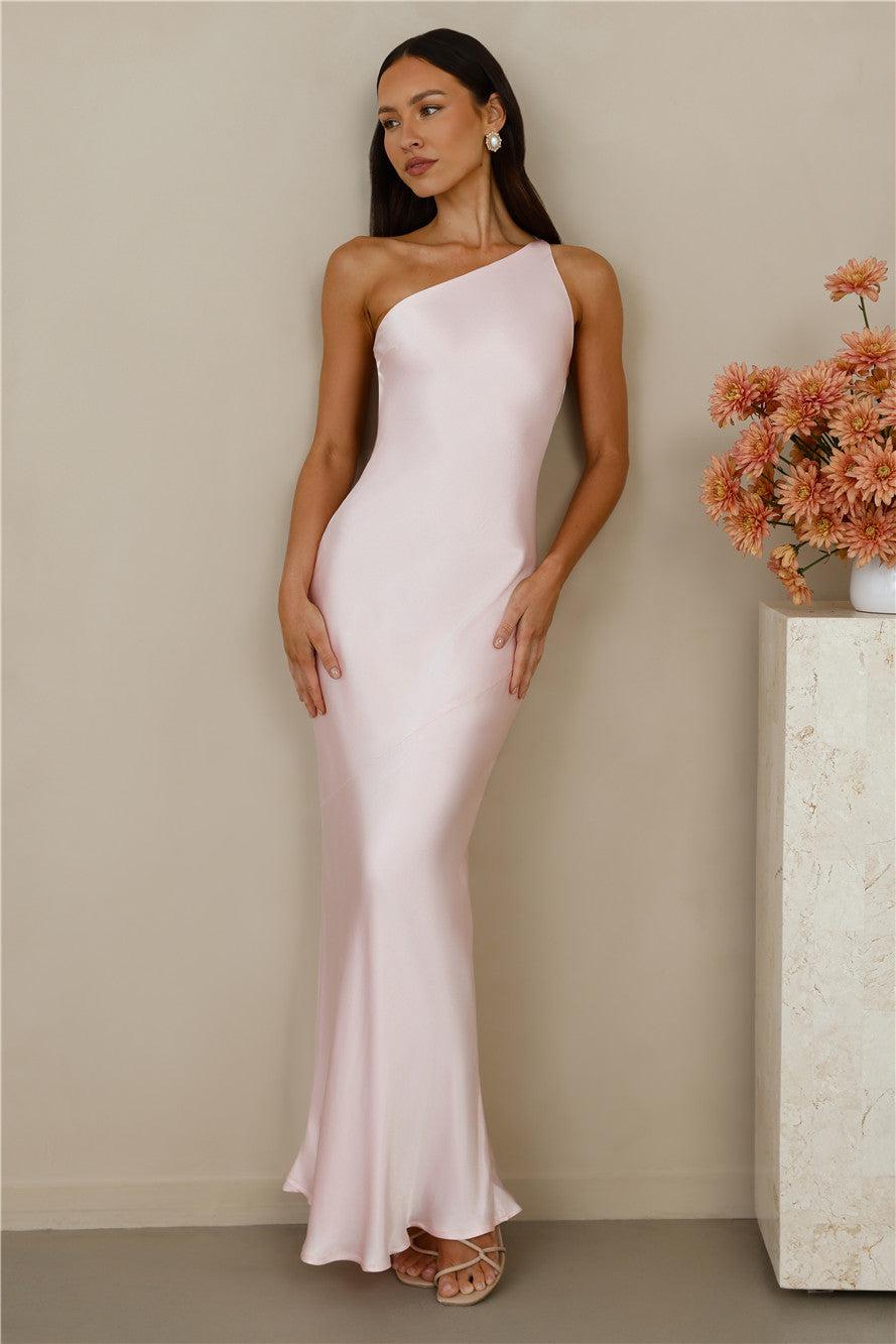 The Evangeline One Shoulder Satin Maxi Dress Pink Product Image