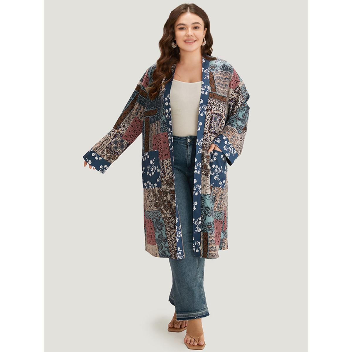 Plus Size UltraCool Bandana Open Front Patched Pocket Kimono Women Multicolor Casual Printed Loose Pocket Dailywear Kimonos BloomChic 26/4X Product Image