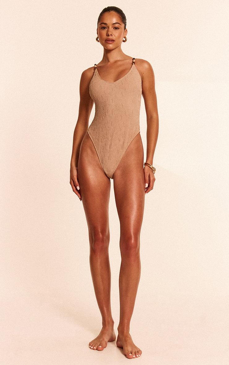 Stone Textured Bead Trim Plunge Swimsuit Product Image