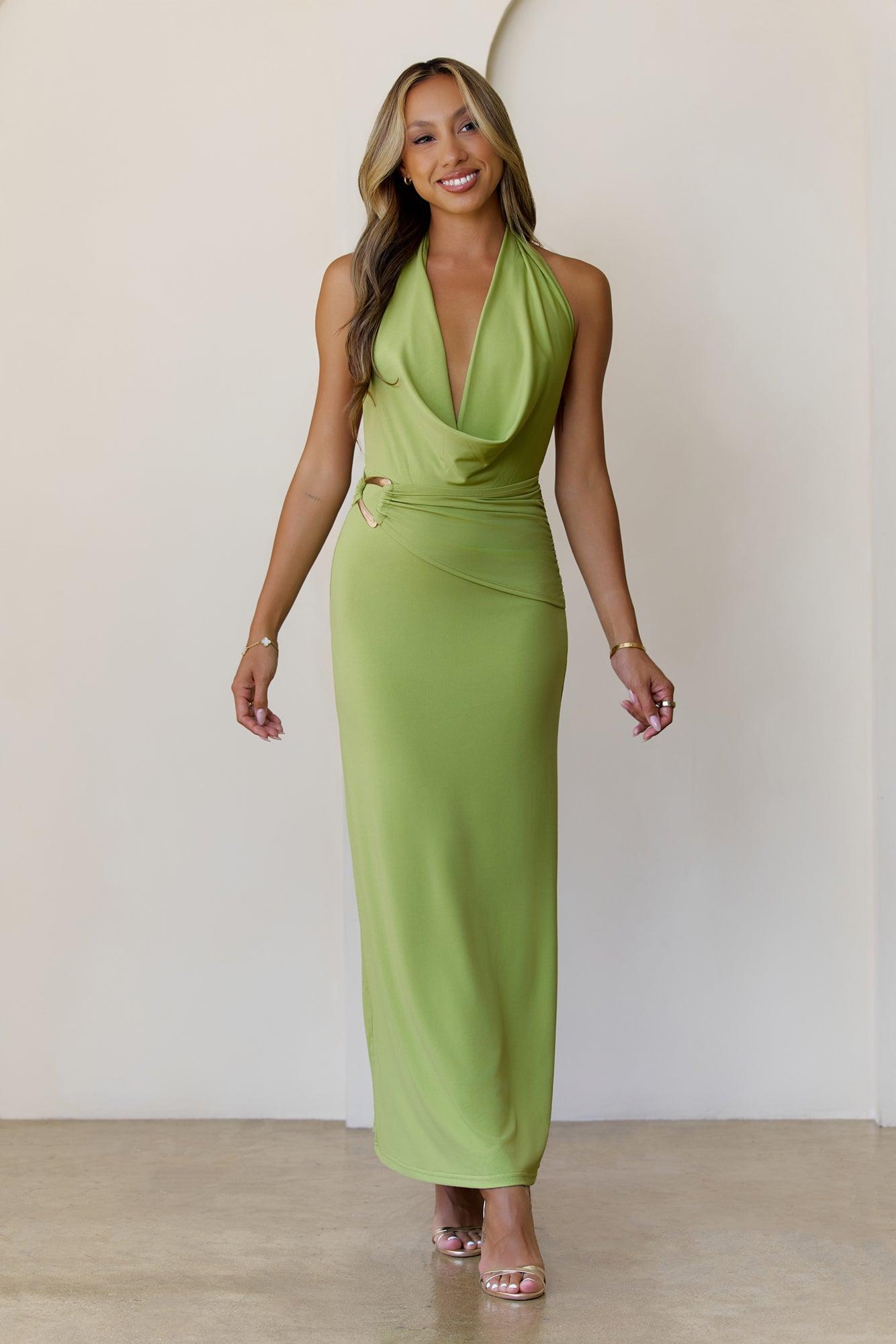 Silk Essence Halter Maxi Dress Green Product Image