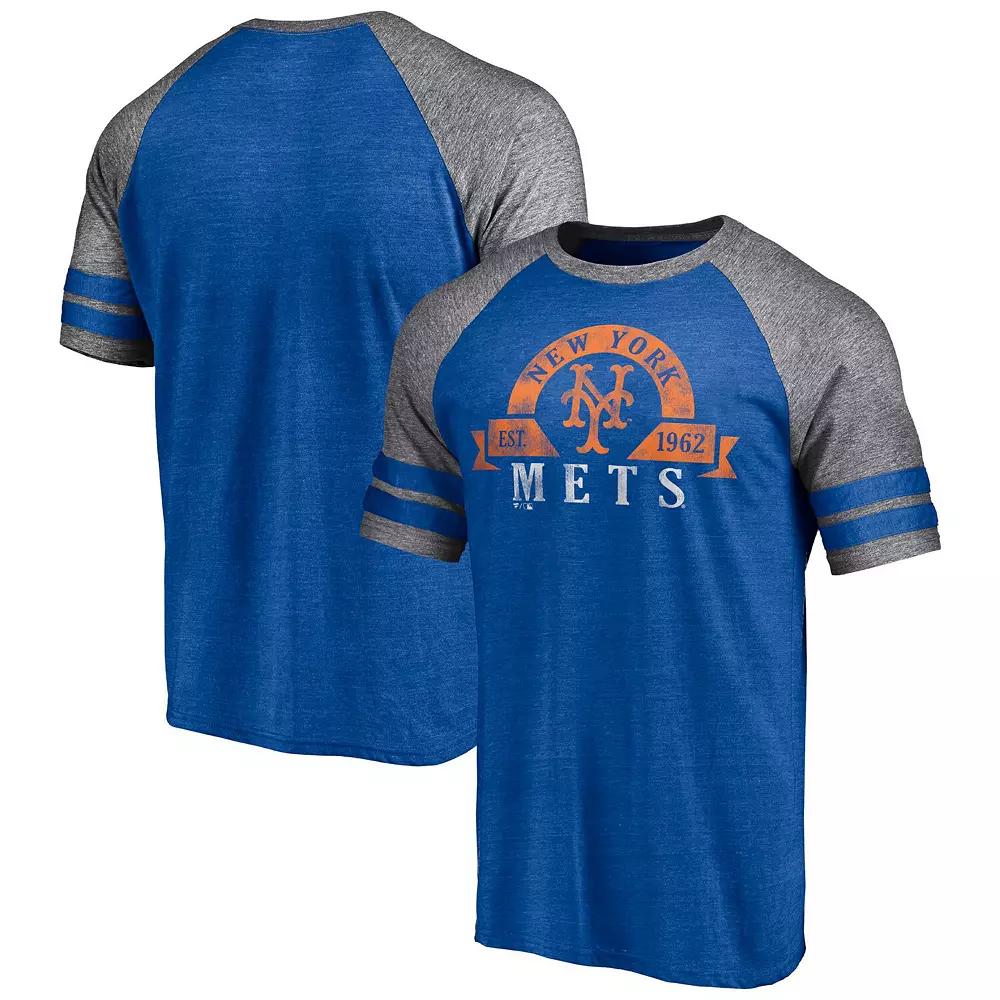 Men's Fanatics Branded Heather Royal New York Mets Utility Two-Stripe Raglan Tri-Blend T-Shirt,  Product Image