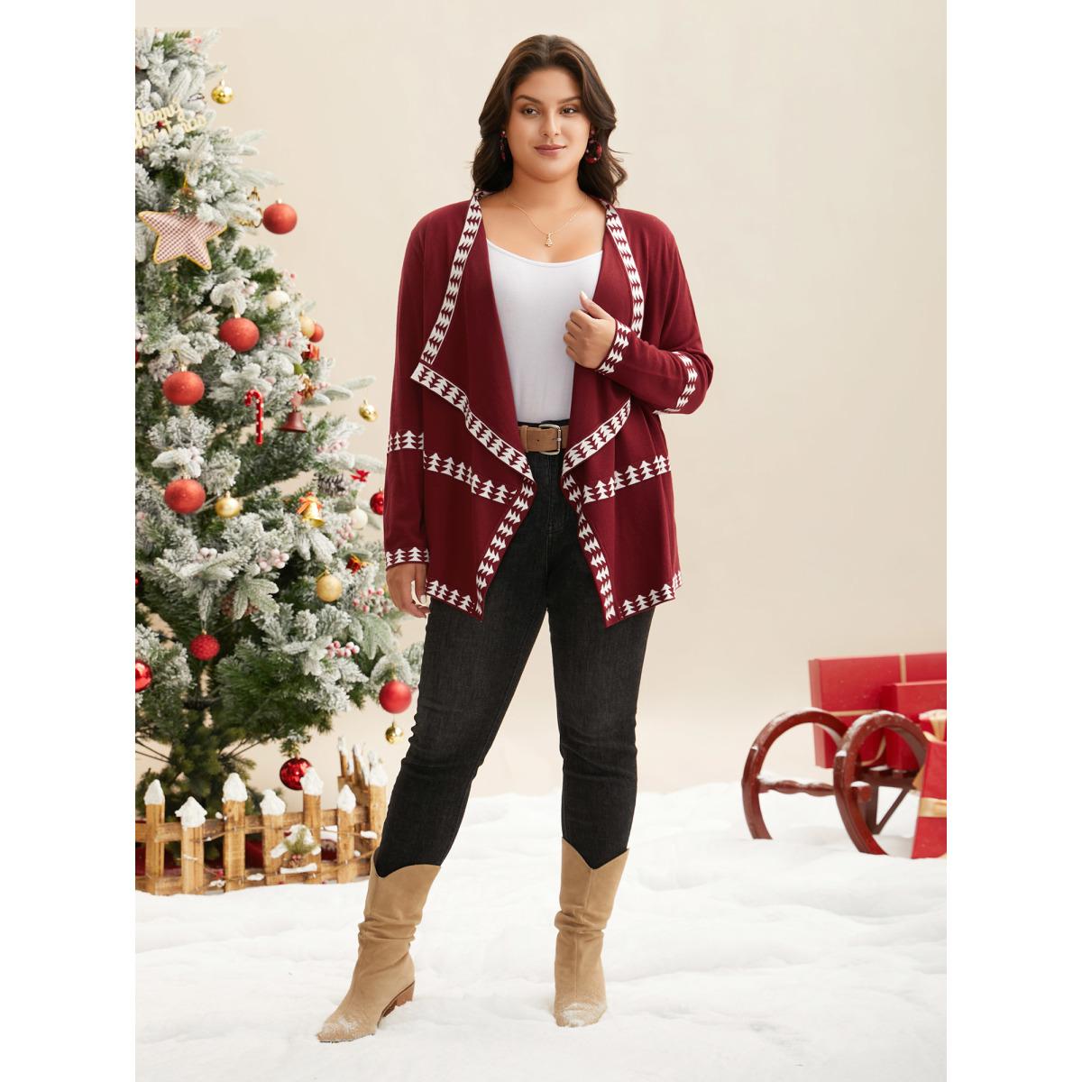 Plus Size Holiday Pattern Hem Lapel Collar Knit Cardigan Burgundy Women Casual Loose Long Sleeve Everyday Cardigans BloomChic 14-16/1X Product Image