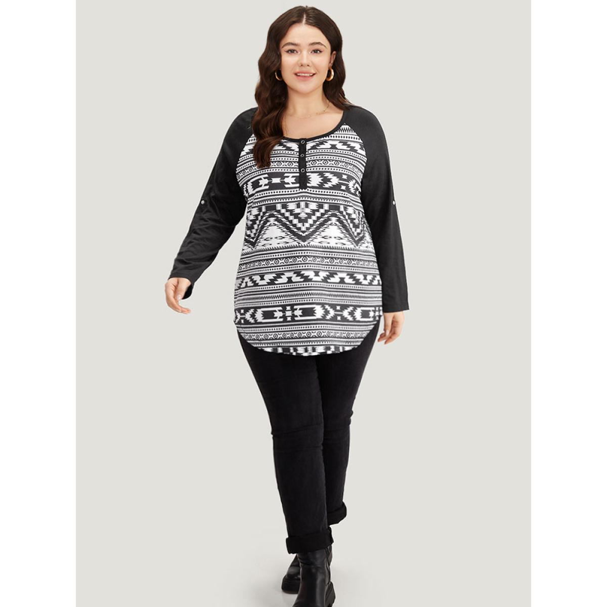 Plus Size Geometric Patchwork Button Down T-shirt Black Women Casual Contrast Geometric Open Front Dailywear T-shirts BloomChic 18-20/2X Product Image