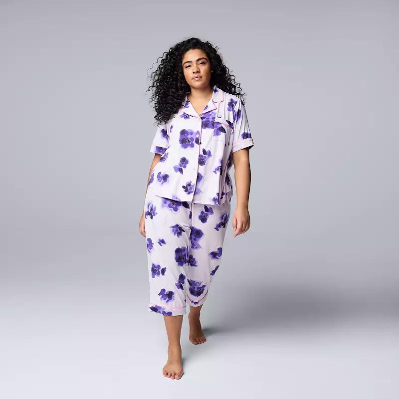 Plus Size Simply Vera Vera Wang Cozy Short Sleeve Notch Collar Pajama Top & Capri Pajama Pants Set, Women's, Size: 3XL, Purple Floral Product Image