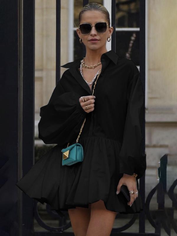 Urban Puff Sleeves Buttoned Split-Joint Solid Color Lapel Mini Dresses Shirt Dress Product Image