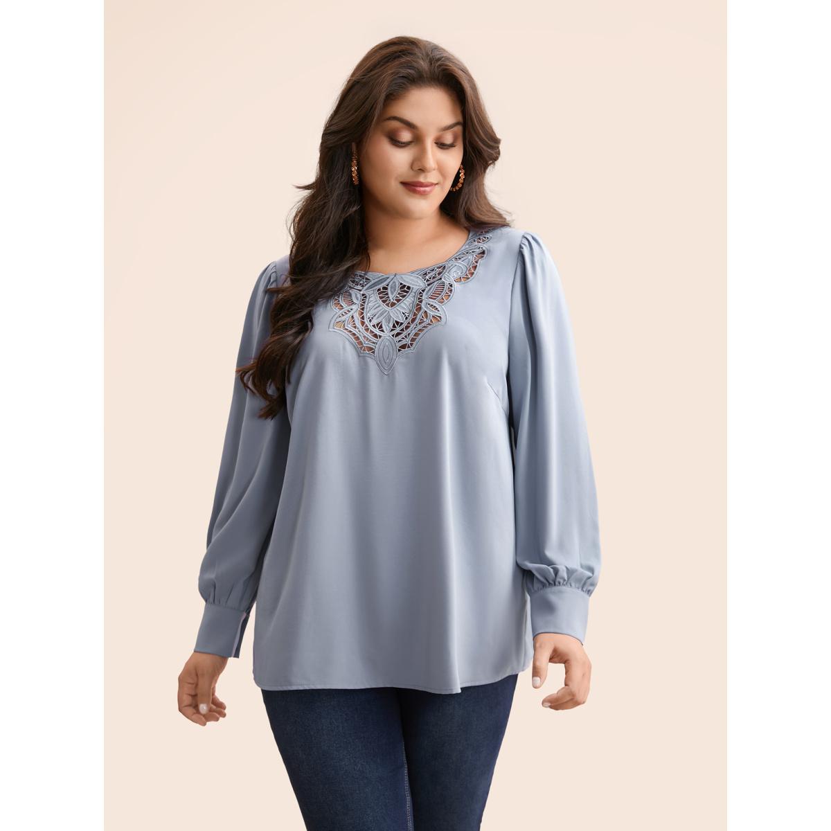 Plus Size Stone Plain Broderie Anglaise Gathered Blouse Women Elegant Long Sleeve Asymmetrical Neck Everyday Blouses BloomChic 26/4X Product Image