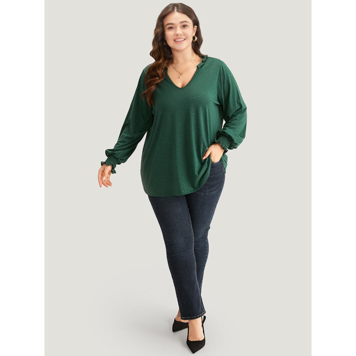 Plus Size Solid Frill Trim Shirred T-shirt DarkGreen Women Elegant Elastic cuffs Plain V-neck Dailywear T-shirts BloomChic 14-16/1X Product Image