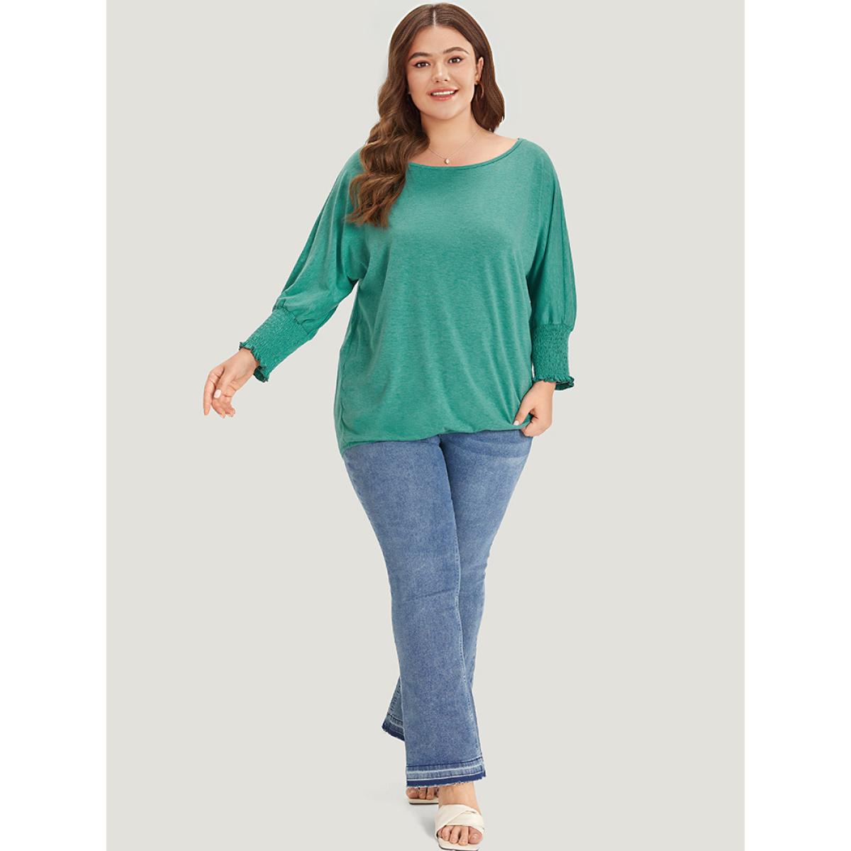 Plus Size Solid Heather Shirred Batwing Sleeve T-shirt Emerald Women Elegant Shirred Plain Round Neck Dailywear T-shirts BloomChic 26/4X Product Image