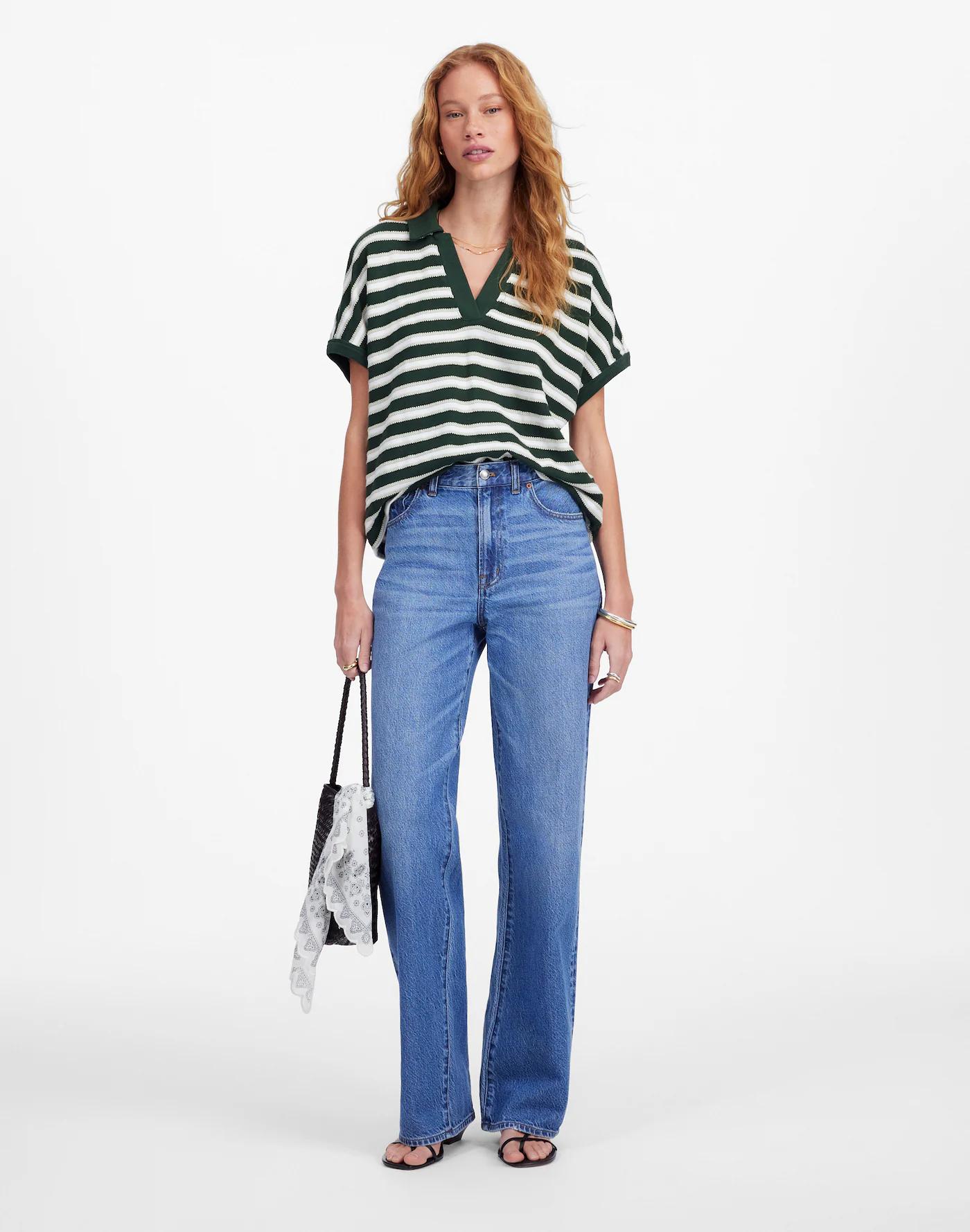 Relaxed V-Neck Polo Shirt in Stripe Product Image