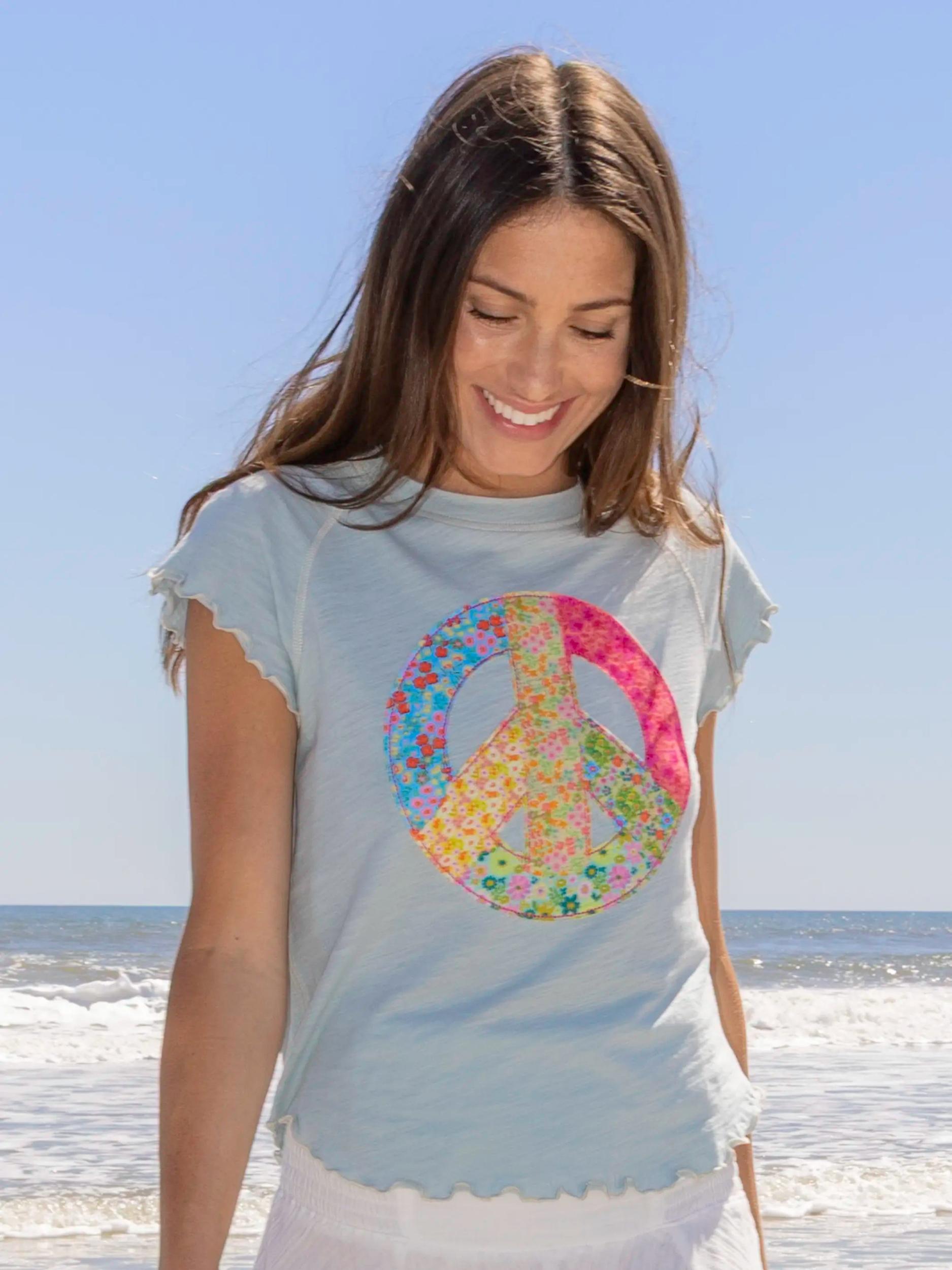 Lily Cotton Applique Tee Shirt - Bay Peace Sign Product Image