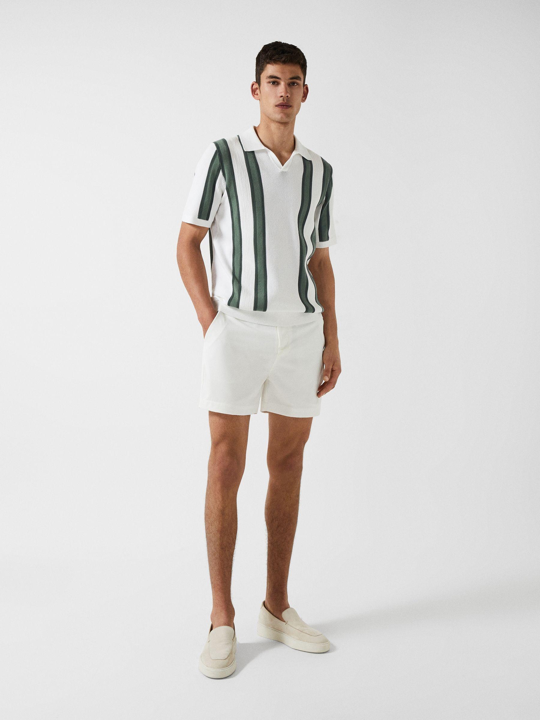 Open Collar Striped Polo T-Shirt in White/Sage Product Image