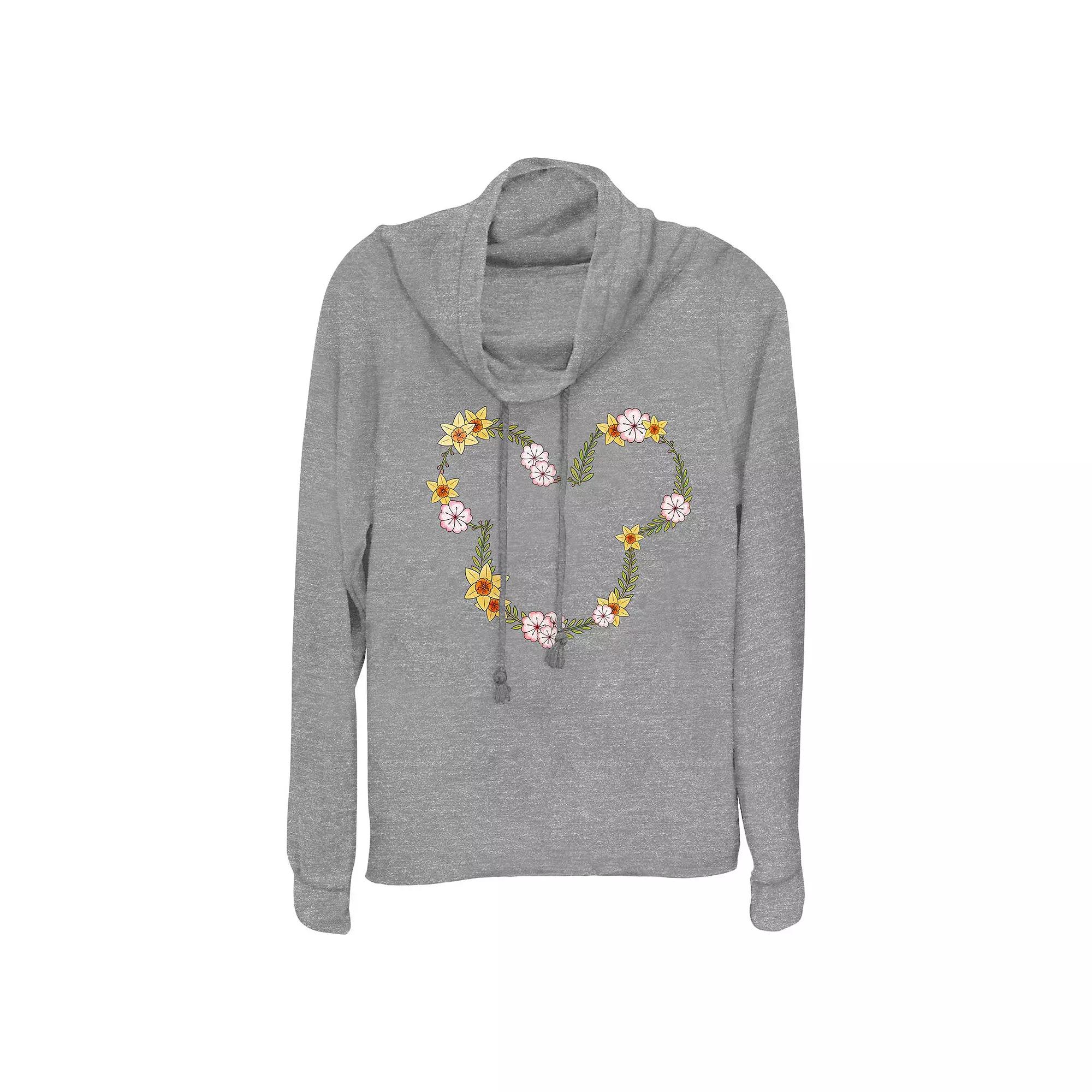 Disney's Mickey Mouse Floral Wreath Women's Cowlneck Graphic Lightweight Long Sleeve, Size: Small, Gray Grey Product Image