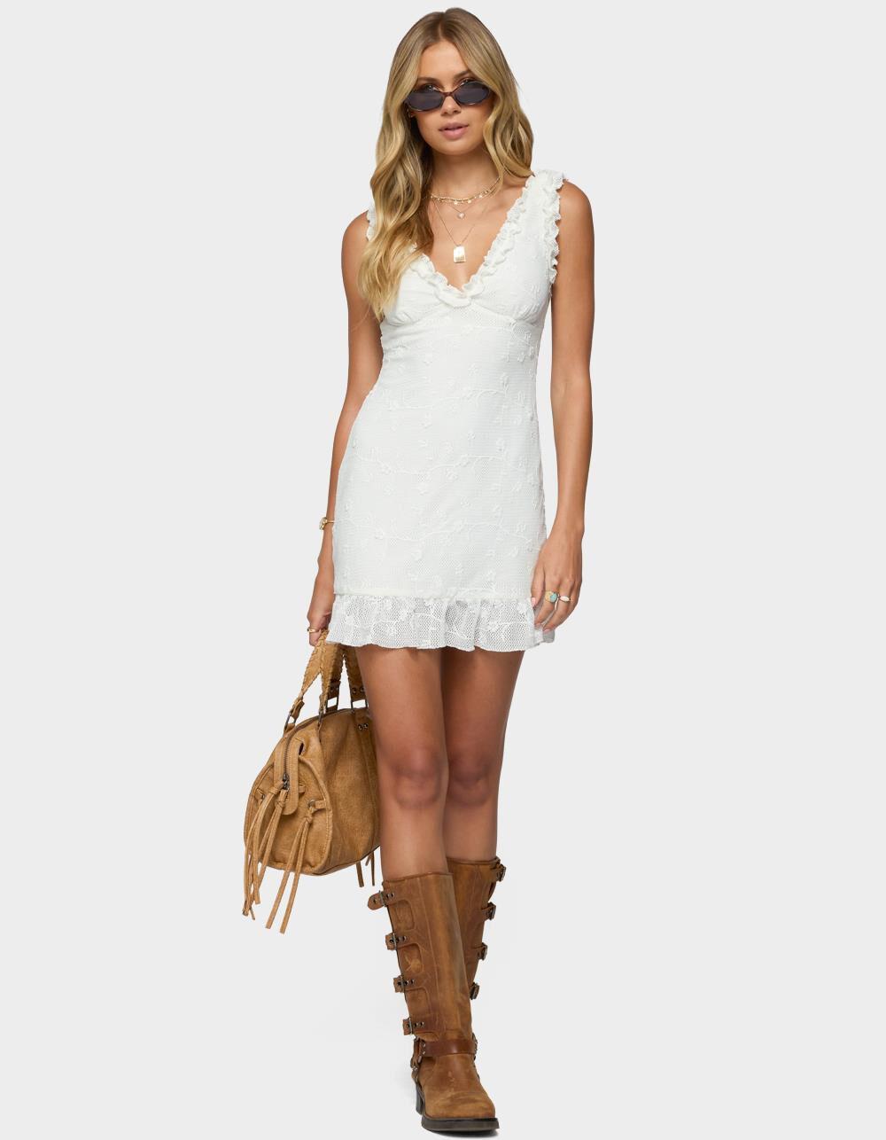 EDIKTED Shayla Ruffle Textured Mini Dress - WHITE Product Image