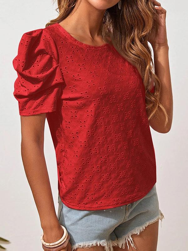 Loose Short Sleeves Hollow Pleated Solid Color Round-Neck T-Shirts Tops Product Image