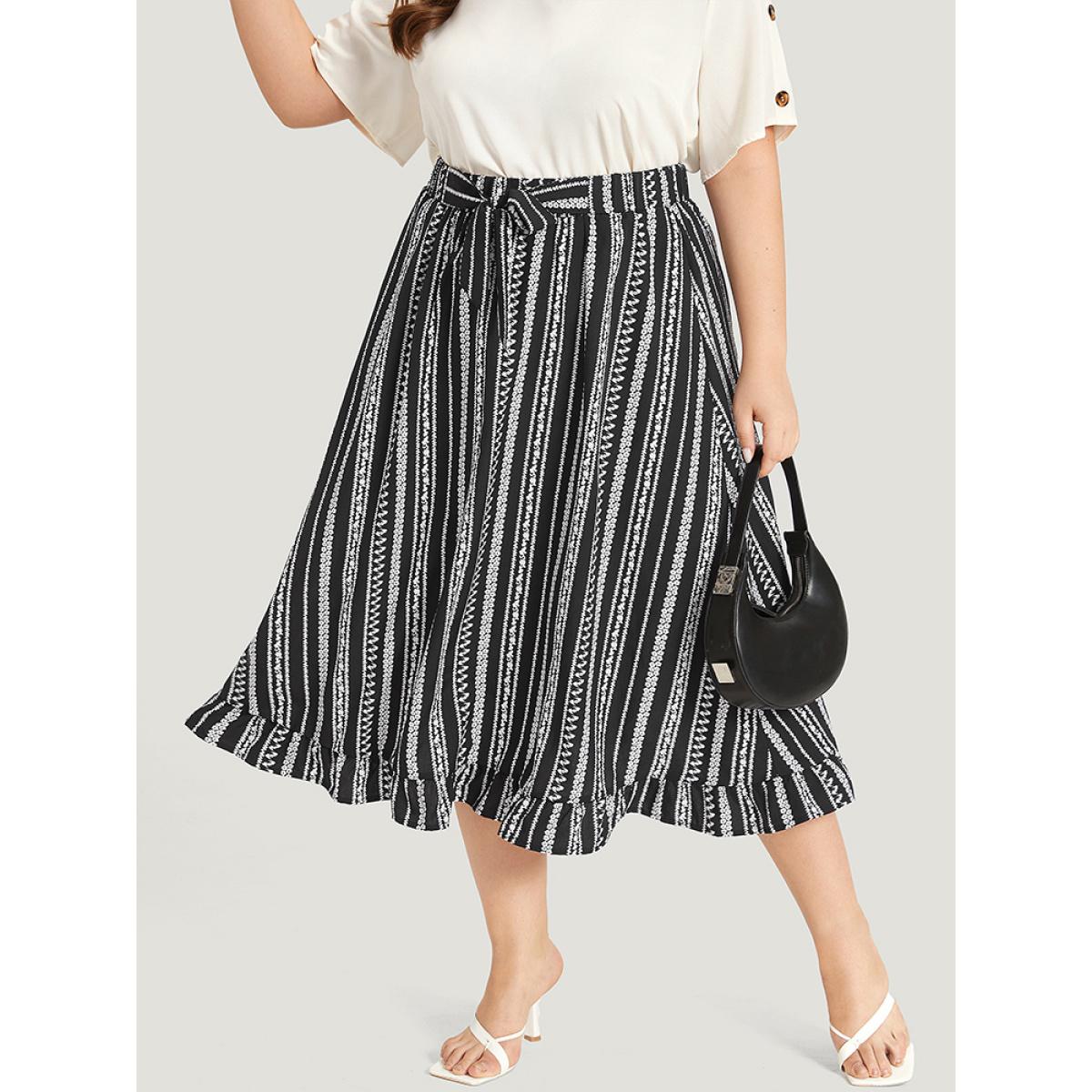 Plus Size Striped Bowknot Pocket Ruffle Trim Skirt Women Black Office Cross straps No stretch Pocket Work Skirts BloomChic 30/6X Product Image