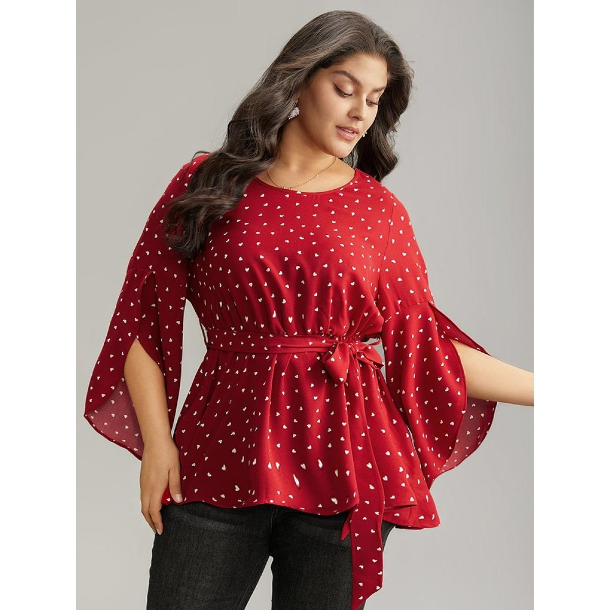 Plus Size Red Heart Print Belted Petal Sleeve High Low Hem Blouse Women Elegant Elbow-length sleeve Round Neck Everyday Blouses BloomChic 18-20/2X Product Image