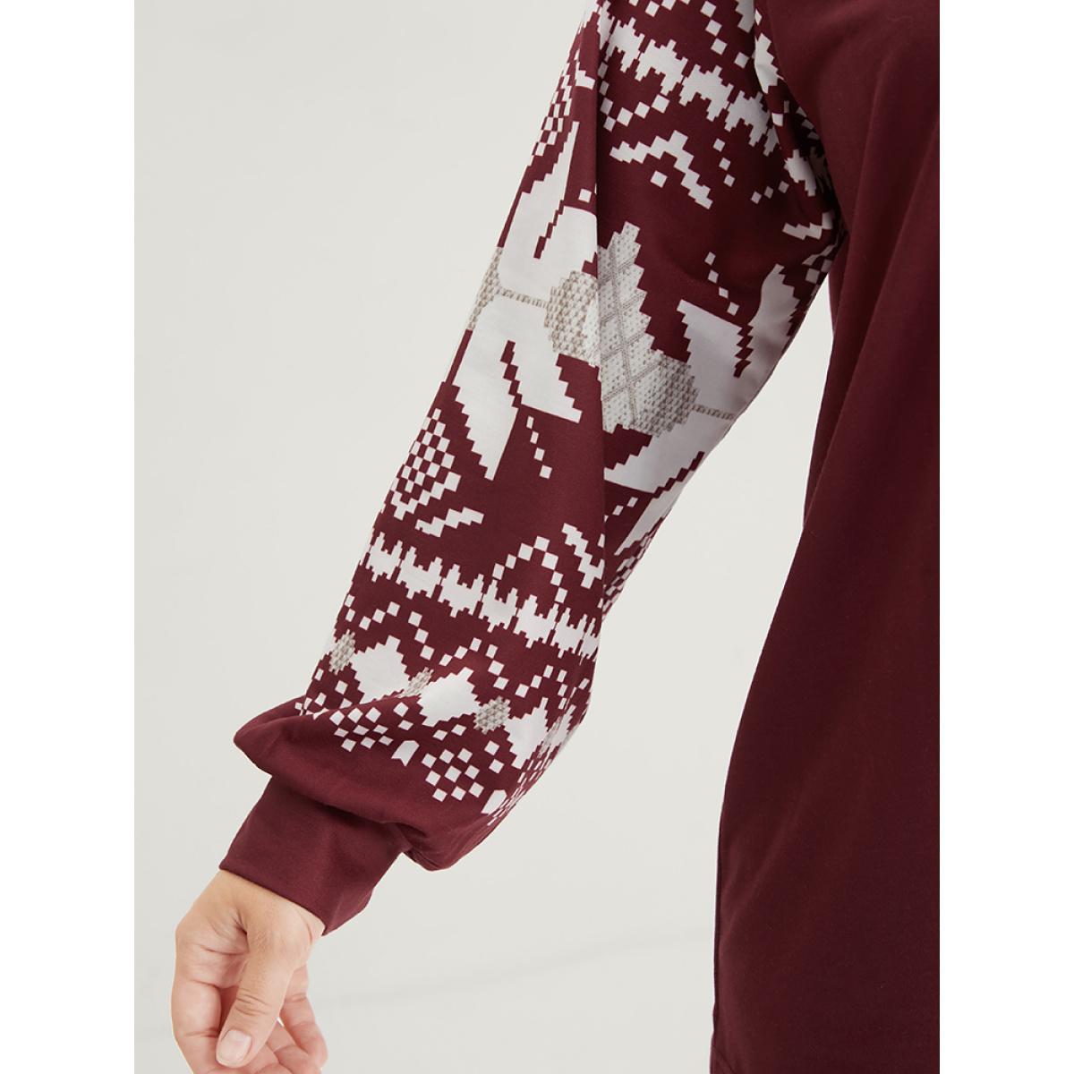 Plus Size Snowflake Print V Neck Drop Shoulder Sweatshirt Women Scarlet Casual Contrast V-neck Festival-Christmas Sweatshirts BloomChic 12/L Product Image