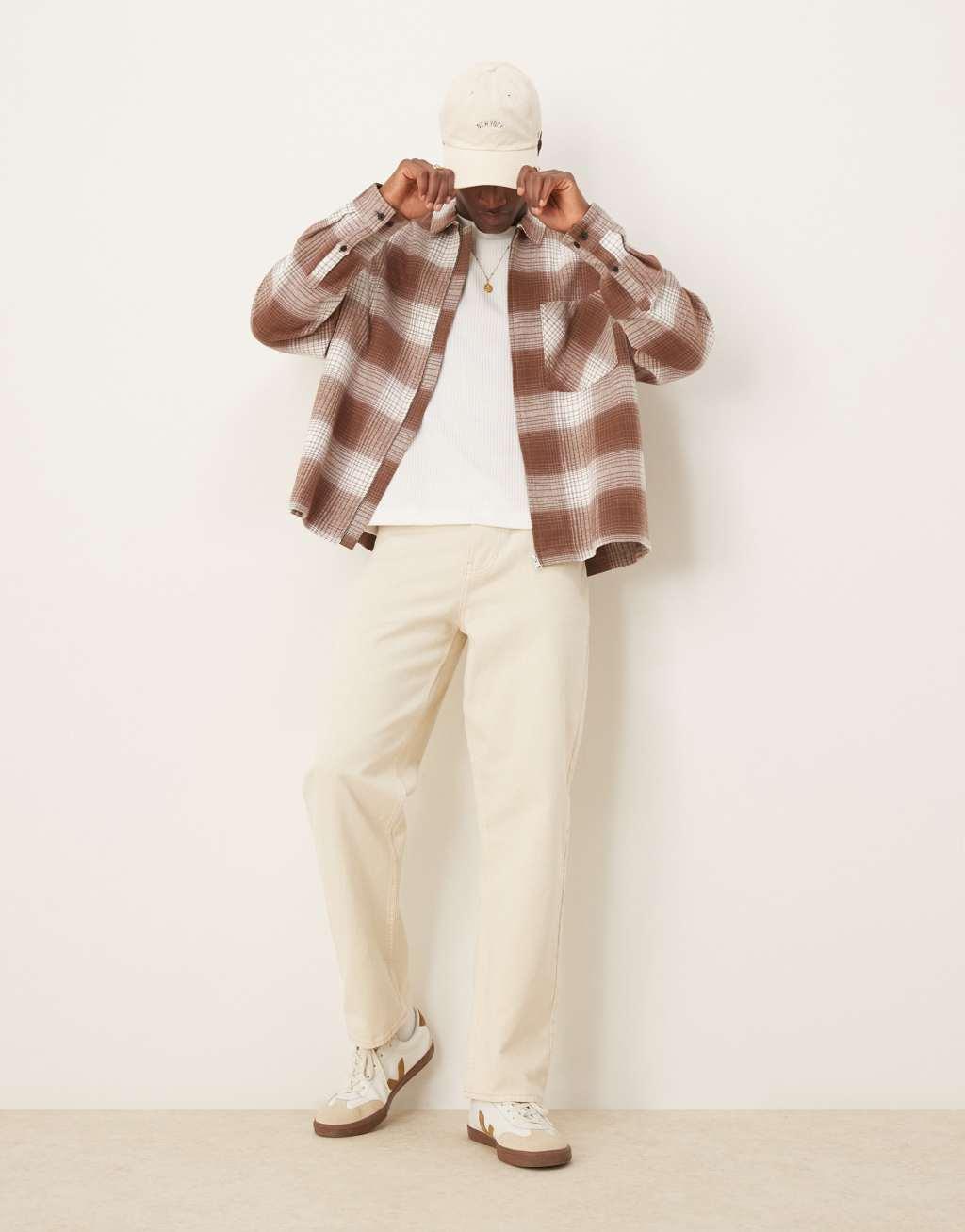 ASOS DESIGN boxy oversized zip through shirt in brown and white check Product Image