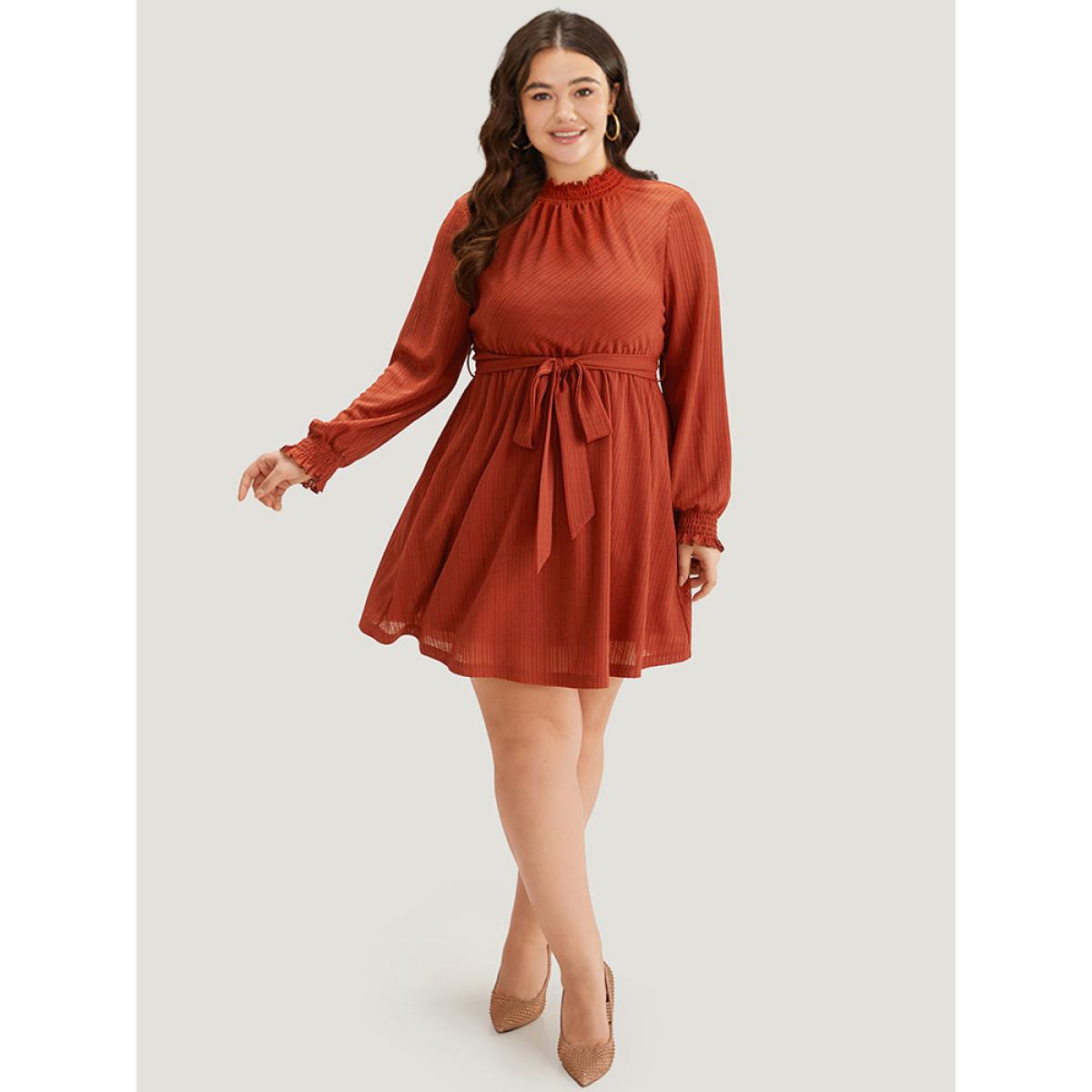 Plus Size Solid Shirred Belted Mock Neck Dress Rust Women Elegant Texture Mock Neck Long Sleeve Curvy Midi Dress BloomChic 18-20/2X Product Image