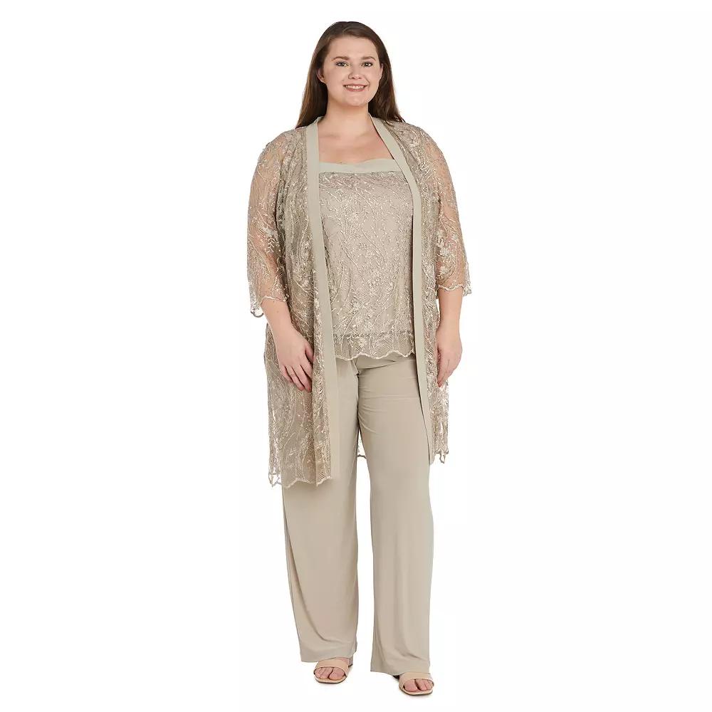 Plus Size R&M Richards 3-pc. Embroidered Sequin Lace Jacket, Tank & Jersey Pant Set, Women's, Size: 16 W, Beige Product Image