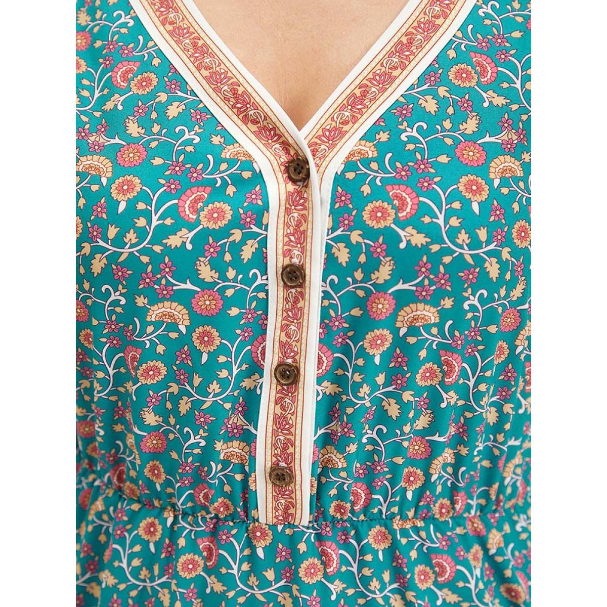 Plus Size Floral Print Button Detail Elastic Waist Patchwork Dress Emerald Women Vacation Gathered V-neck Short sleeve Curvy Midi Dress BloomChic 28/5X Product Image