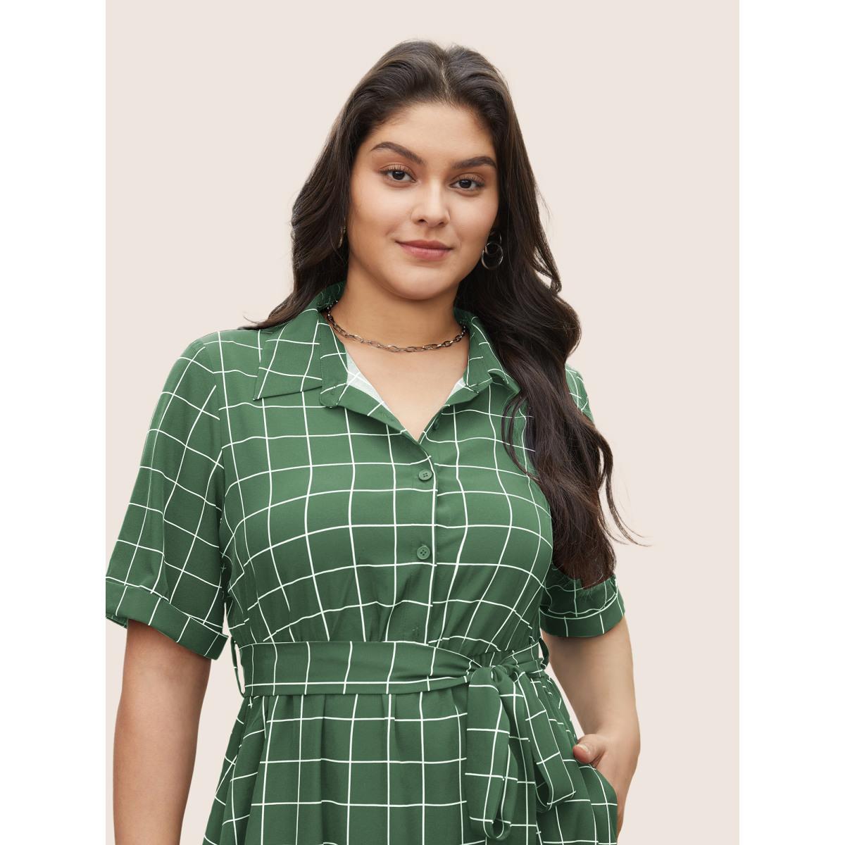 Plus Size Plaid Belted Shirt Collar Cuffed Sleeve Dress Palemauve Women At the Office Non Shirt collar Short sleeve Curvy Midi Dress BloomChic 14-16/1X Product Image