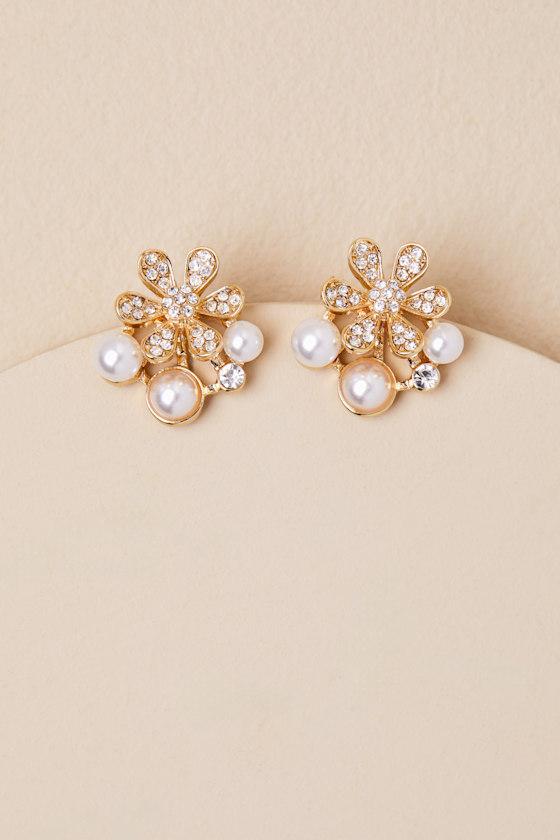 Aldea Gold Rhinestone Pearl Flower Earrings Product Image