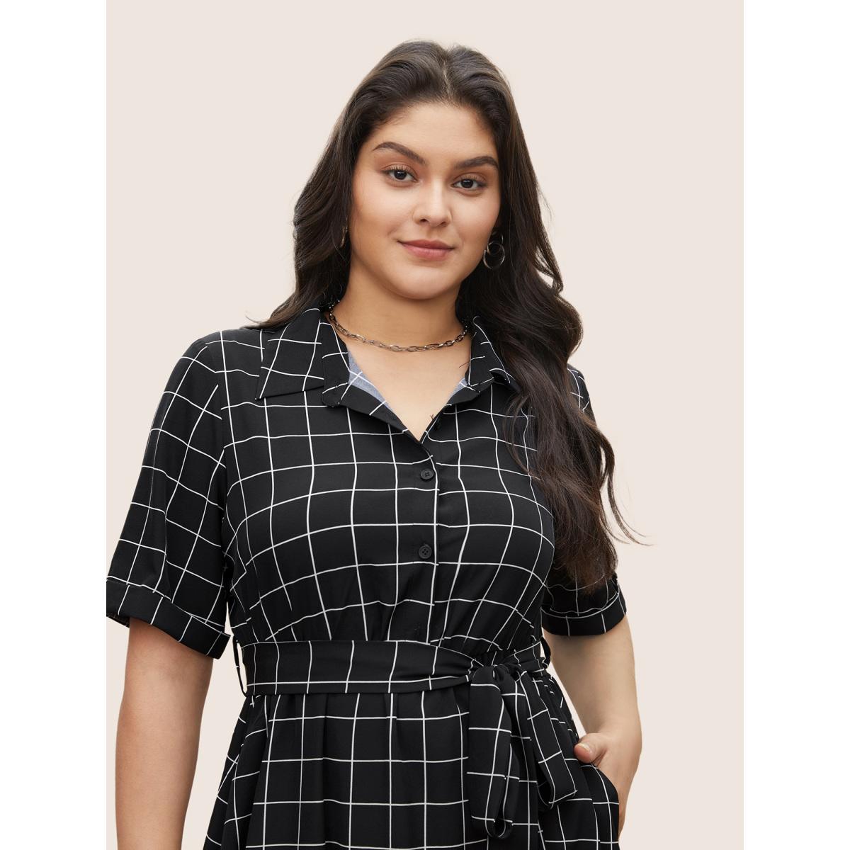 Plus Size Plaid Belted Shirt Collar Cuffed Sleeve Dress Black Women At the Office Non Shirt collar Short sleeve Curvy Midi Dress BloomChic 12/L Product Image