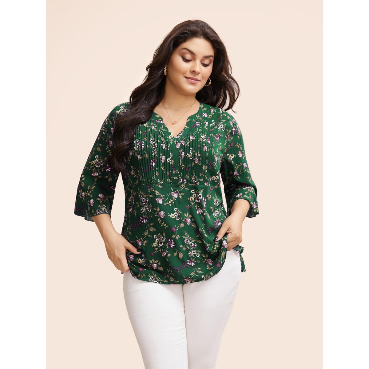 Plus Size DarkGreen Ditsy Floral Pleated Flutter Sleeve Blouse Women Elegant Elbow-length sleeve Flat collar with V-notch Everyday Blouses BloomChic 10/M Product Image