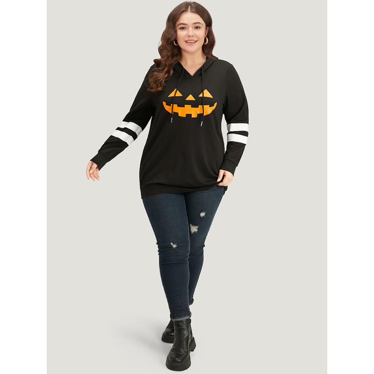 Plus Size Halloween Print Striped Patchwork Hooded Drawstring Sweatshirt Women Black Casual Elastic cuffs Festival-Halloween Sweatshirts BloomChic 10/M Product Image