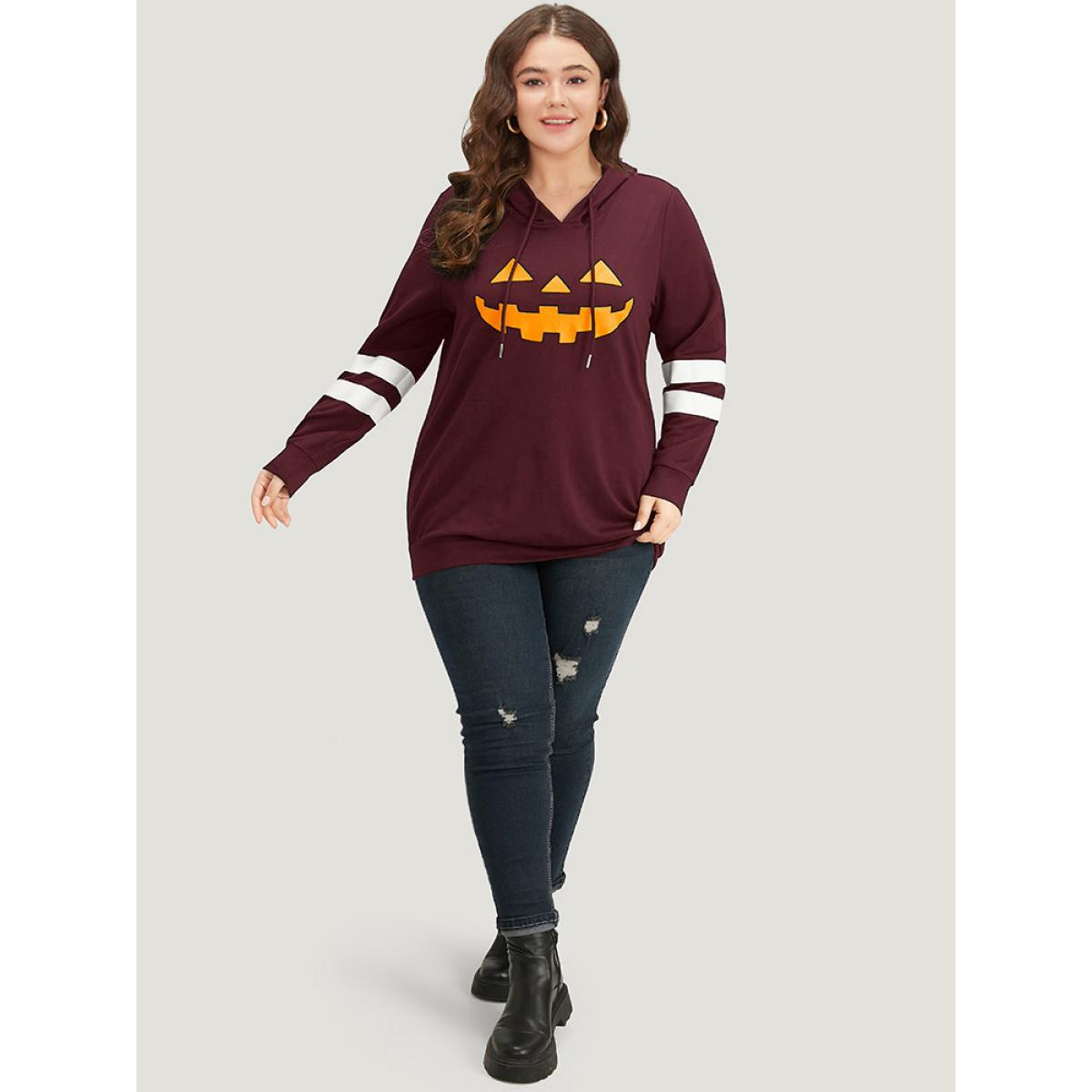Plus Size Halloween Print Striped Patchwork Hooded Drawstring Sweatshirt Women Burgundy Casual Elastic cuffs Festival-Halloween Sweatshirts BloomChic 10/M Product Image