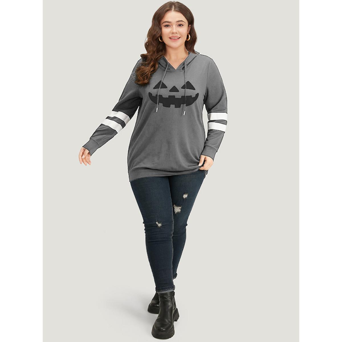 Plus Size Halloween Print Striped Patchwork Hooded Drawstring Sweatshirt Women Gray Casual Elastic cuffs Festival-Halloween Sweatshirts BloomChic 22-24/3X Product Image