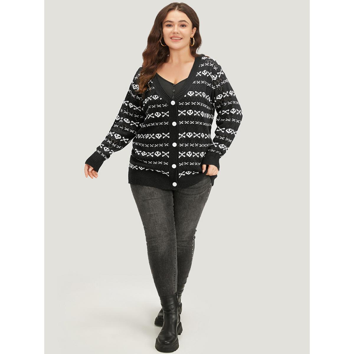 Plus Size Halloween Graphic Striped Button Up Cardigan Black Women Casual Loose Long Sleeve Festival-Halloween Cardigans BloomChic 10/M Product Image