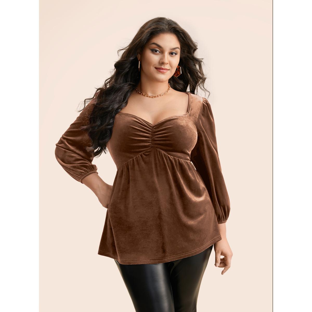 Plus Size Mauve Velvet Heart Neckline Gathered Blouse Women Timeless Three Quarter Length Sleeve Heart neckline Elegant Blouses BloomChic 10/M Product Image