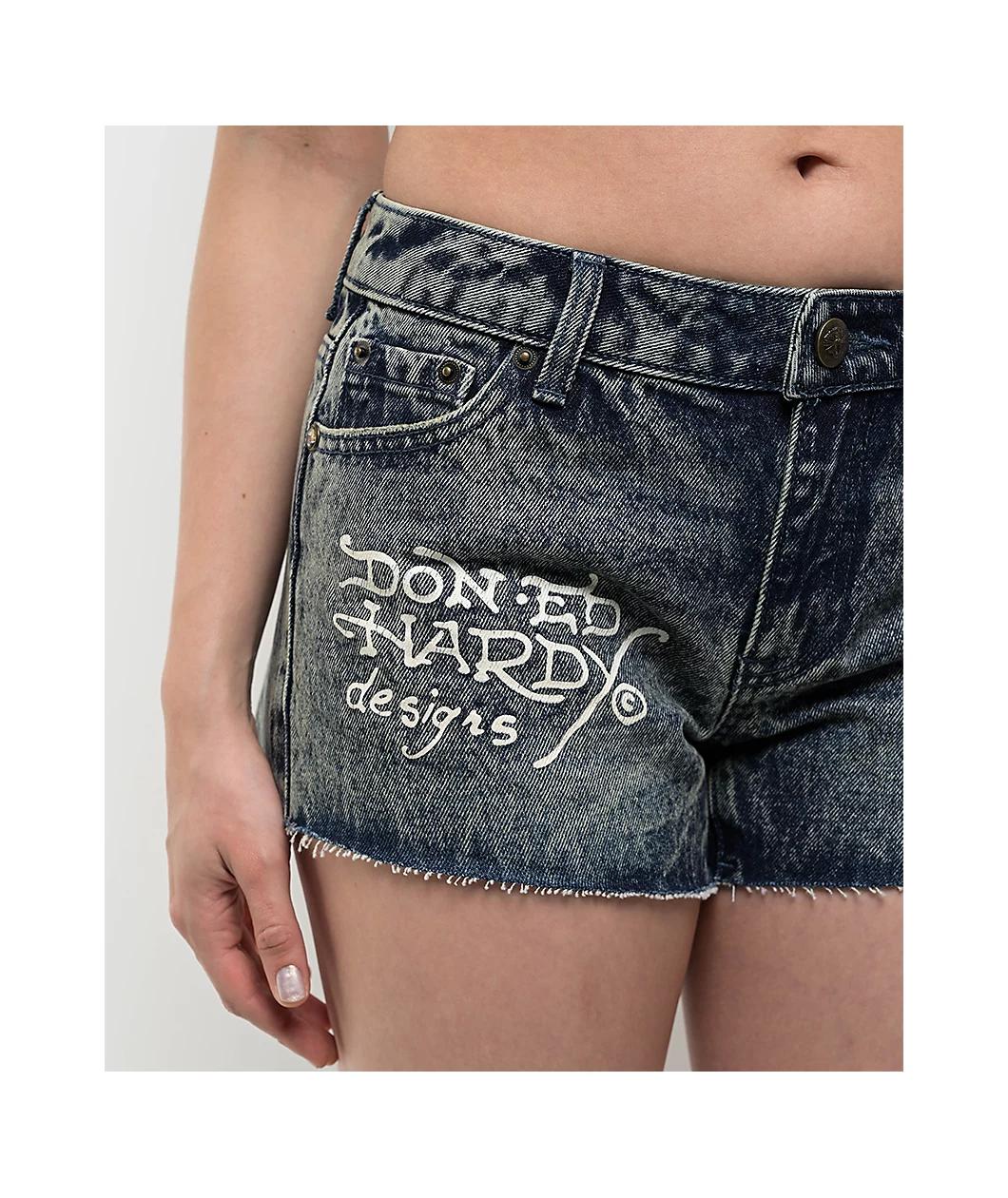 Ed Hardy Heart Dagger Blue Wash Denim Cutoff Shorts Product Image