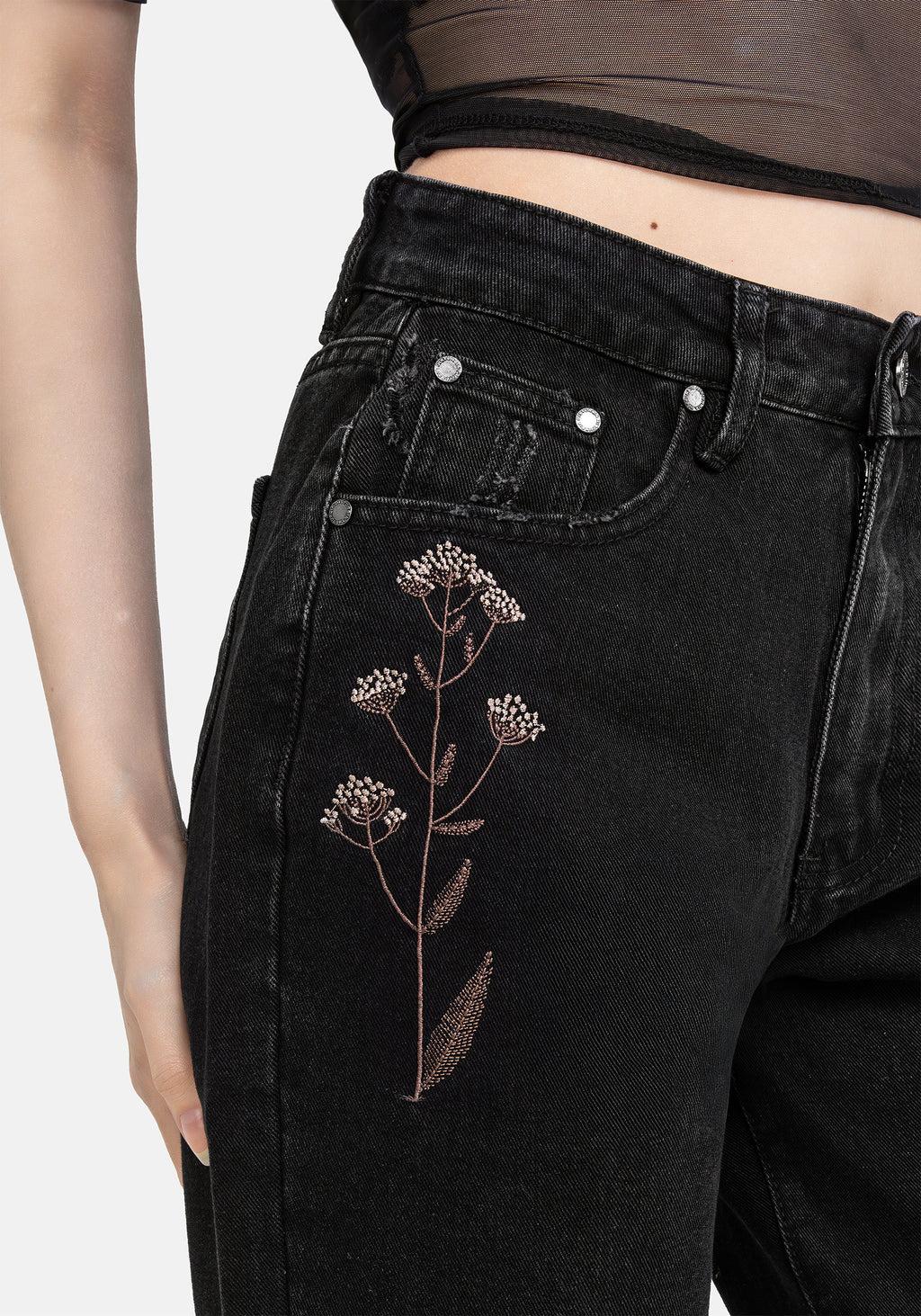 Griffinfly Embroidered Distressed Denim Mom Jeans Product Image