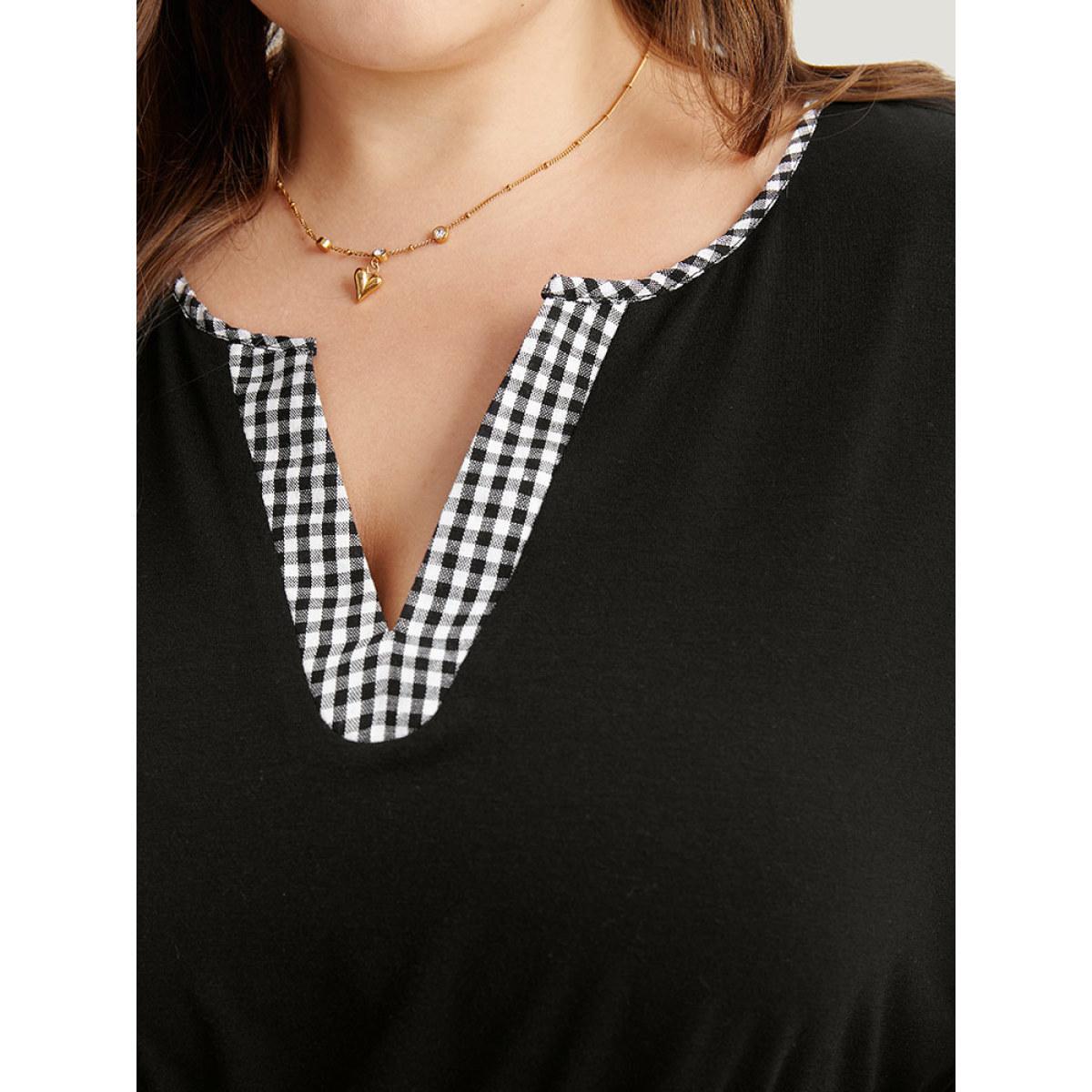 Plus Size Notched Drawstring Gingham Patchwor Dress Black Women Casual Patchwork Notched collar Long Sleeve Curvy Midi Dress BloomChic 18-20/2X Product Image