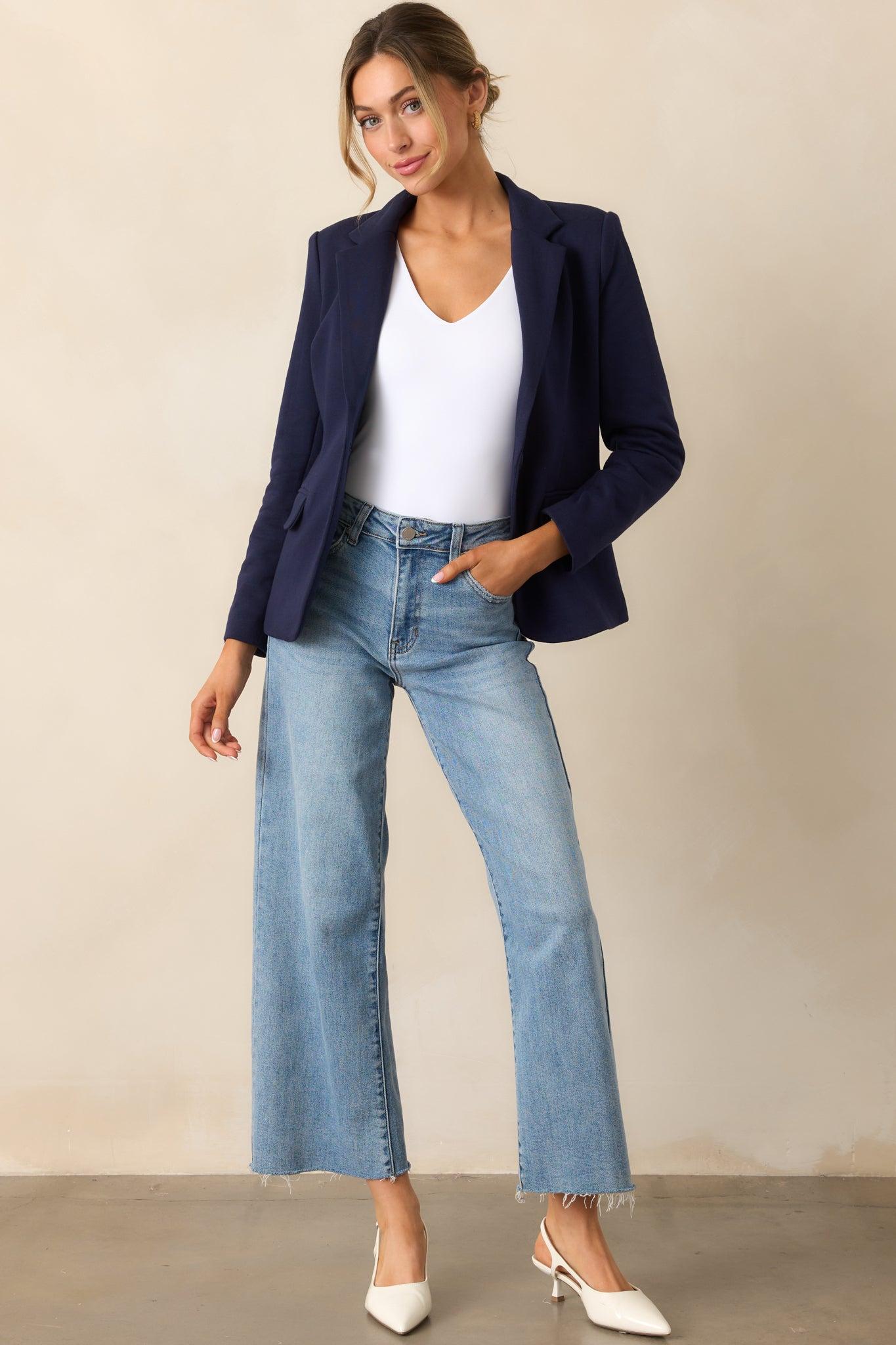 The World Is Yours Navy Blue Ponte Blazer L / Navy Product Image