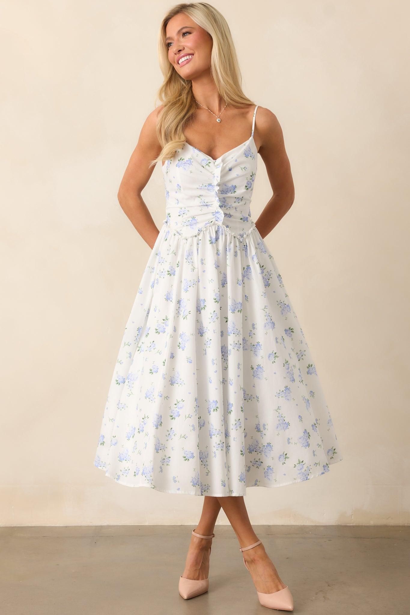 Garden Treasures Light Blue Floral Cotton Midi Dress Product Image