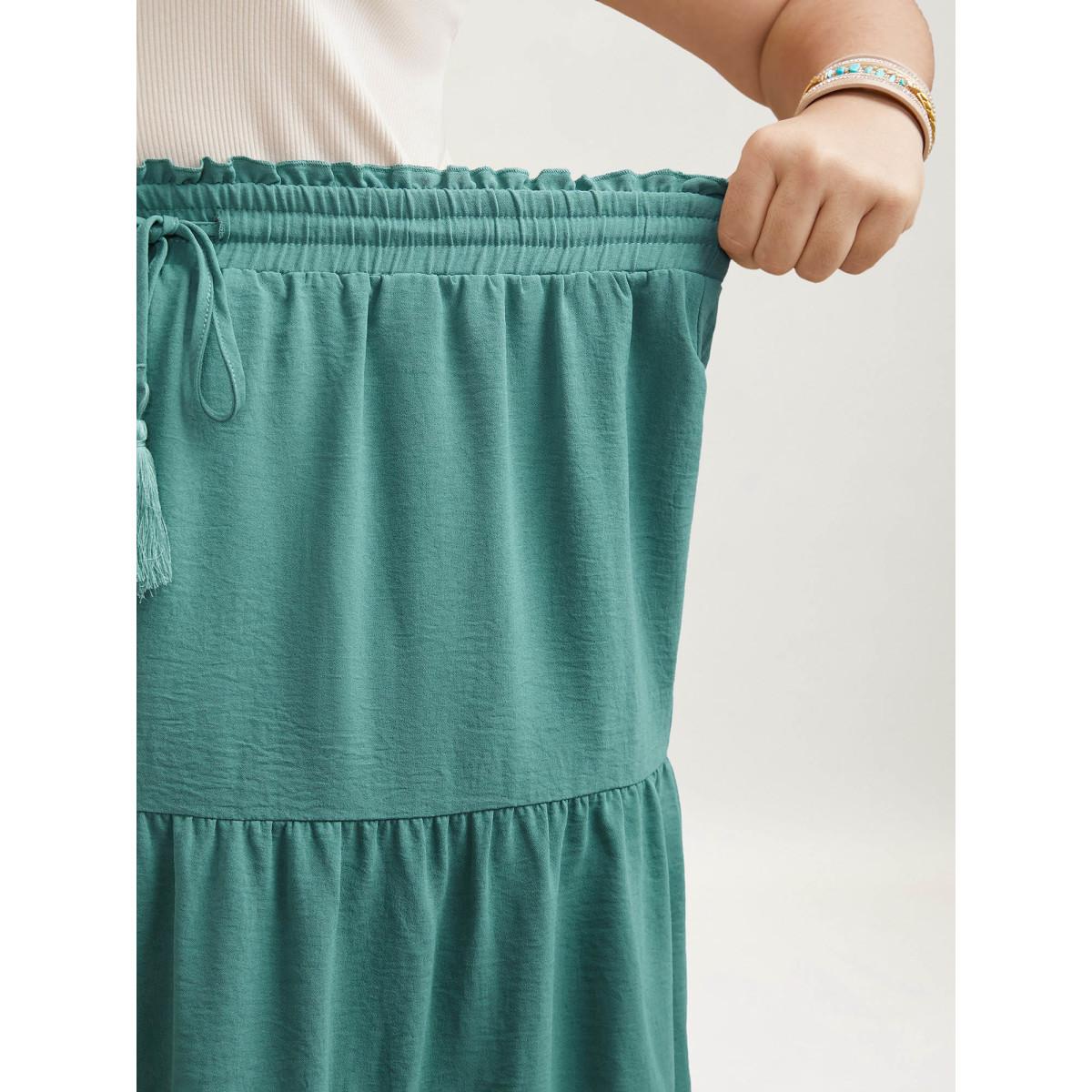 Plus Size Smocked Waist Lace Tiered Midi Skirt Women Turquoise Resort Gathered No stretch Side seam pocket Vacation Skirts BloomChic 14-16/1X Product Image