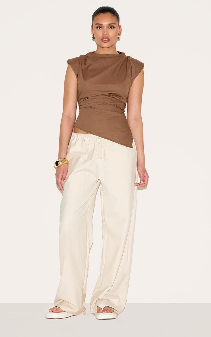 Brown Woven Shoulder Detail Asymmetric Hem Long Top Product Image