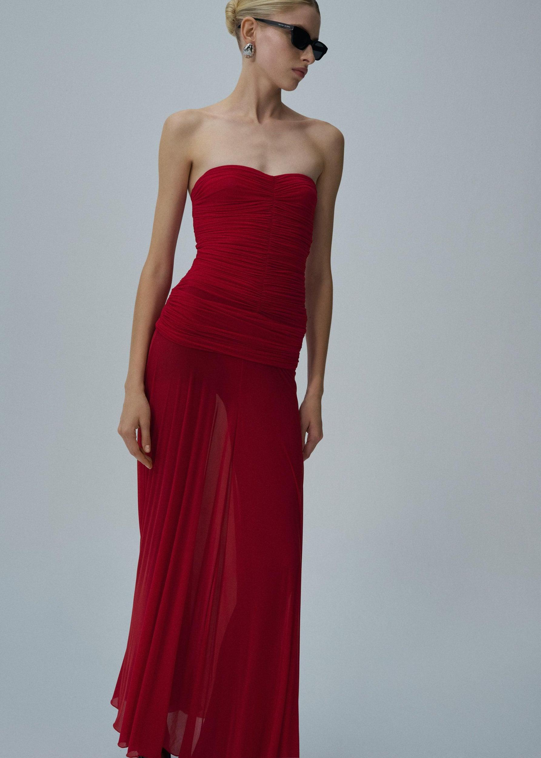 Strapless cupro midi dress in red Product Image