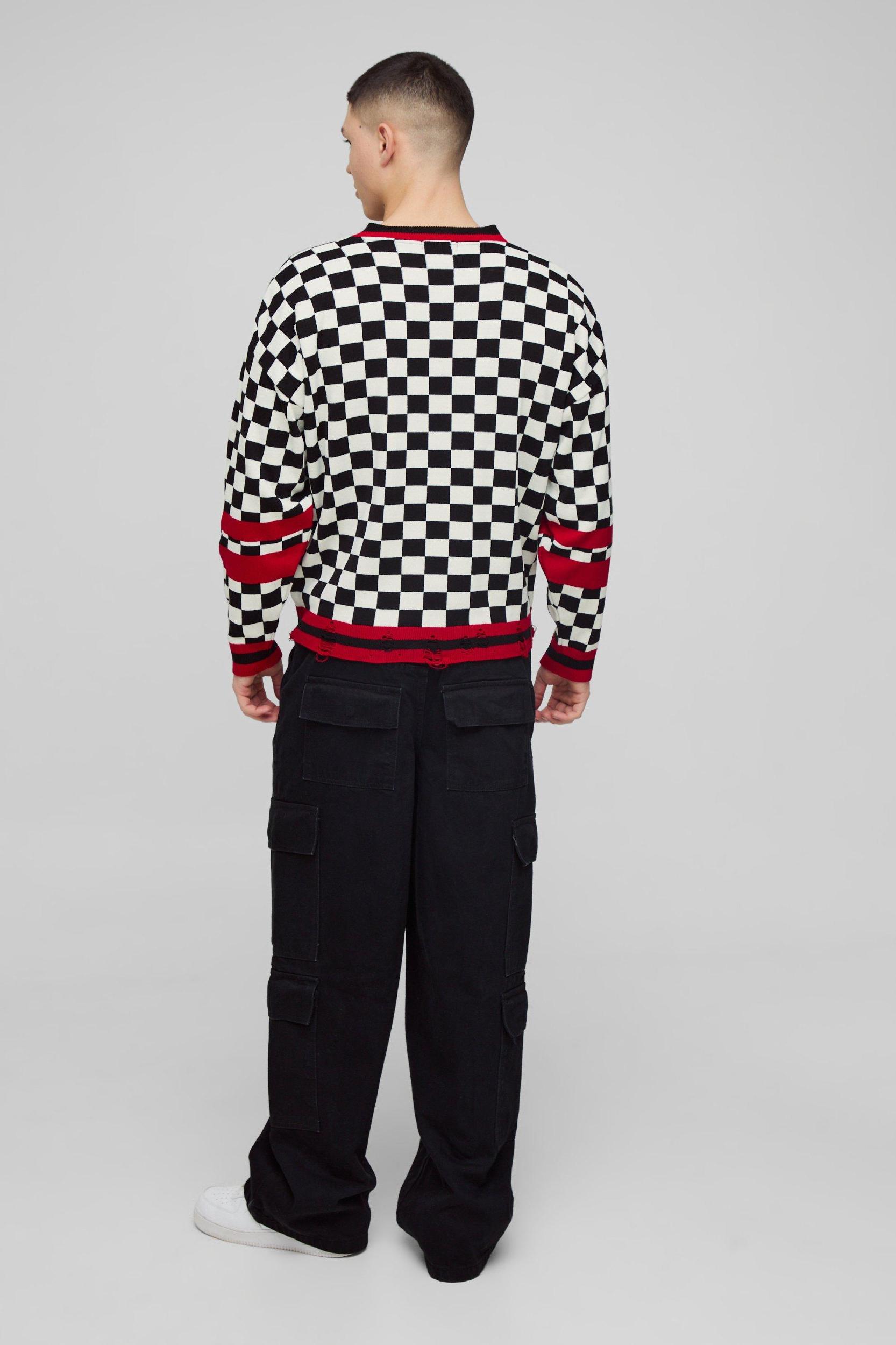 Boxy V Neck Boxy Distressed PlaidVarsity Knitted Sweater | boohooMAN USA Product Image