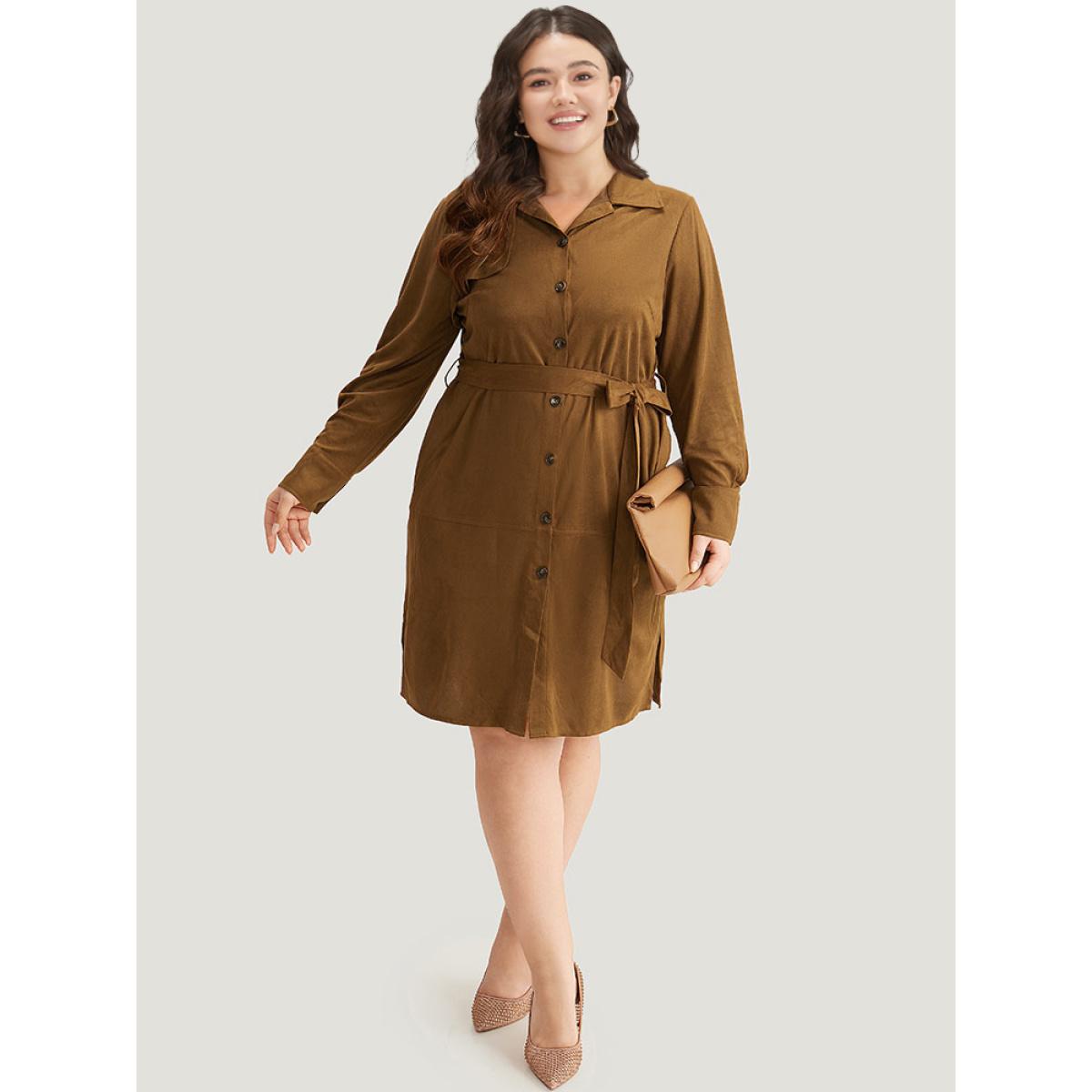 Plus Size Plain Split Hem Button Through Belted Dress Bronze Women Office Plain Shirt collar Long Sleeve Curvy Knee Dress BloomChic 28/5X Product Image