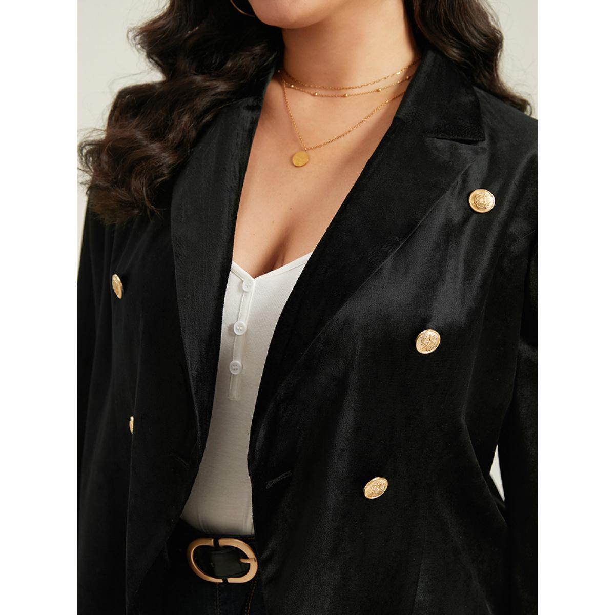 Plus Size Velvet Lapel Collar Metai Detail Blazer Black Women Dailywear Plain Plain Sleeve Long Sleeve Lapel Collar 28/5X Elegant Blazers BloomChic Product Image